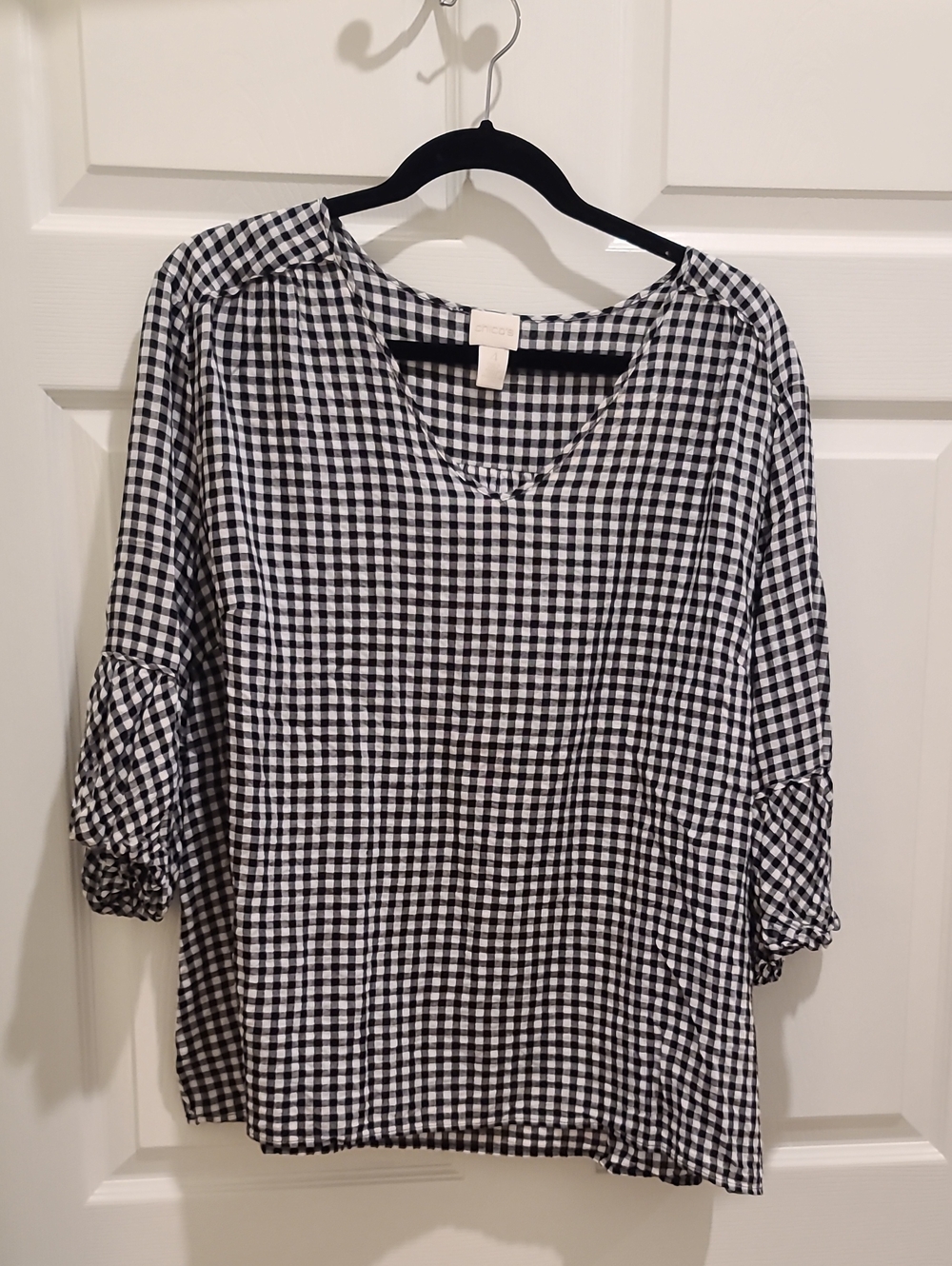 Chico's Black & White Gingham V-Neck Blouse
